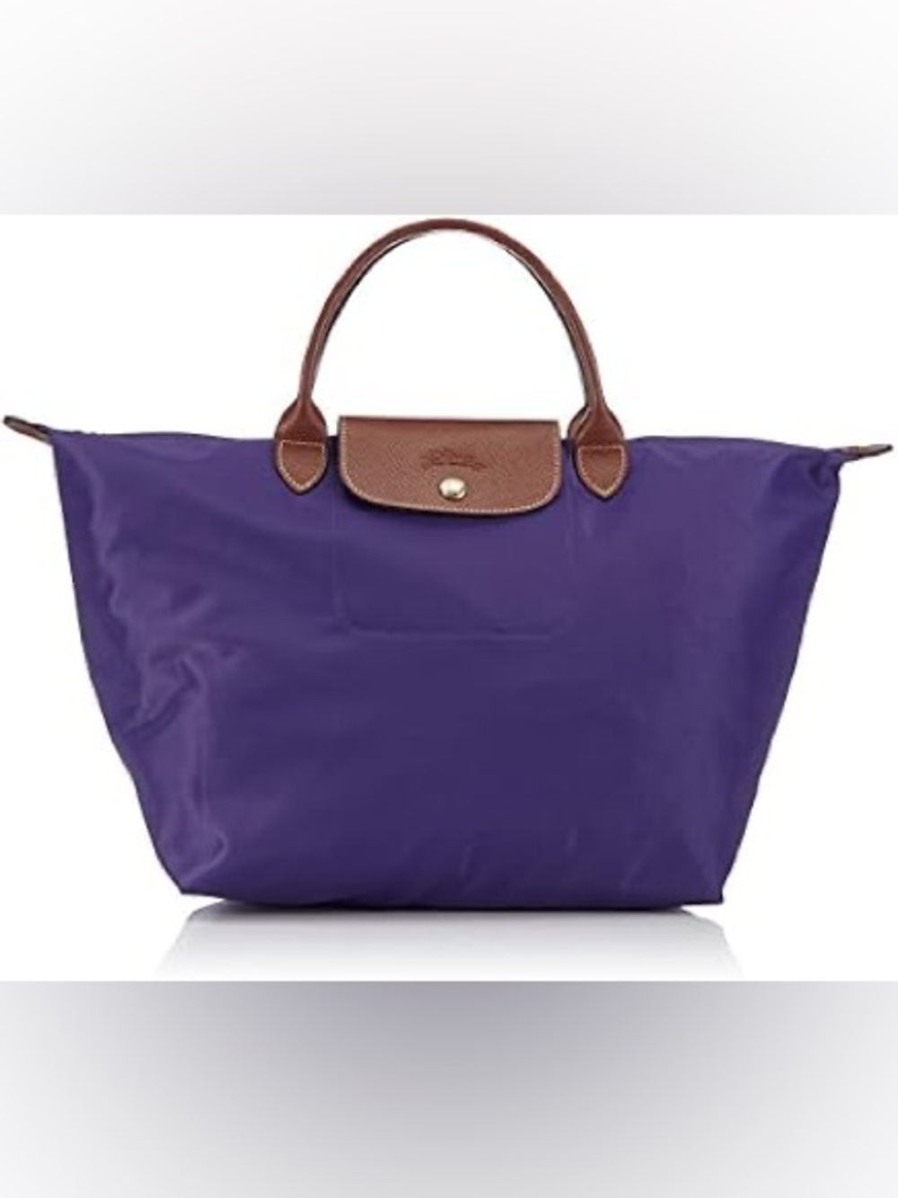 NEW Longchamp Le Pliage Tote Shoulder Folding Bag Purple Leather Nylon Medium